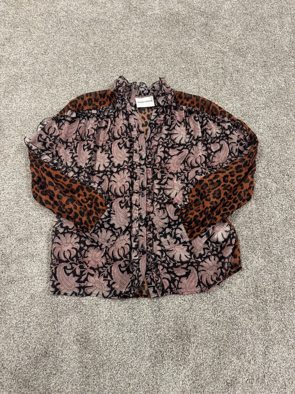 Antik Batik Silk Pink Floral & Brown Leopard Ruffle Blouse
